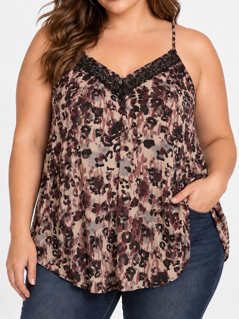 Torrid Size 4 Animal Print Lace Trim Spaghetti Strap Blouse